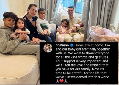 ​C罗晒一家7口照片：左手抱着小女儿，与乔治娜明显心事重重